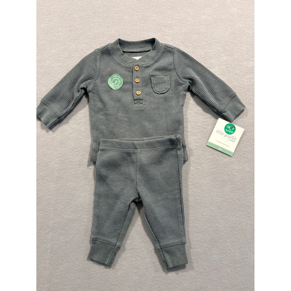 Little Planet by Carters Baby Organic Cotton Waffle Knit Henley Set Blue Grey 3M